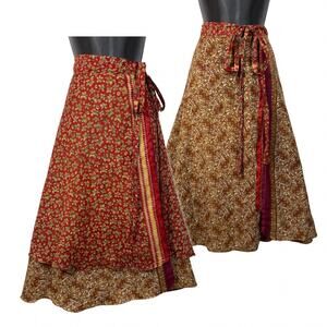 Reversible Indian Wrap Skirt Silk Blend - Floral and Paisley Red Brown Tan